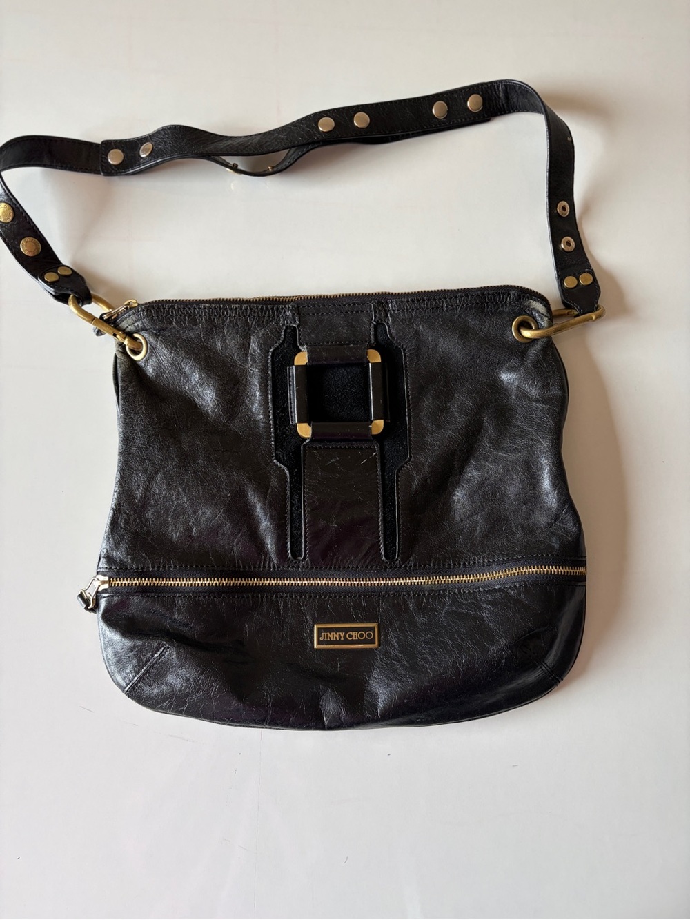 Jimmy Choo black leather satchel shoulder bag purse gold trim top handle *as is